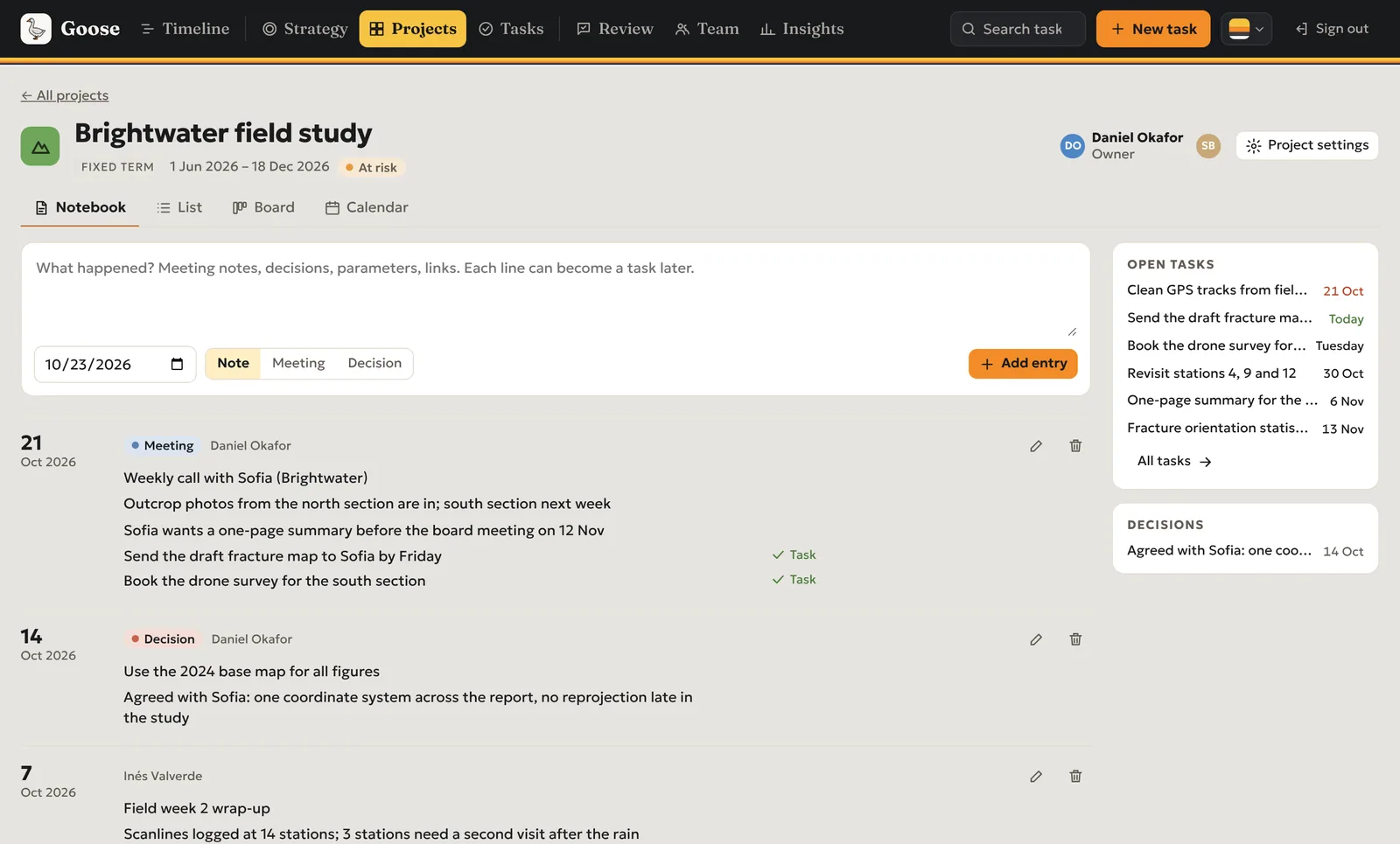Project notebook with meeting notes, decisions and open tasks