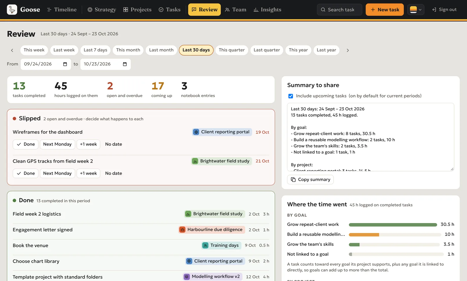 Review page for the last 30 days
